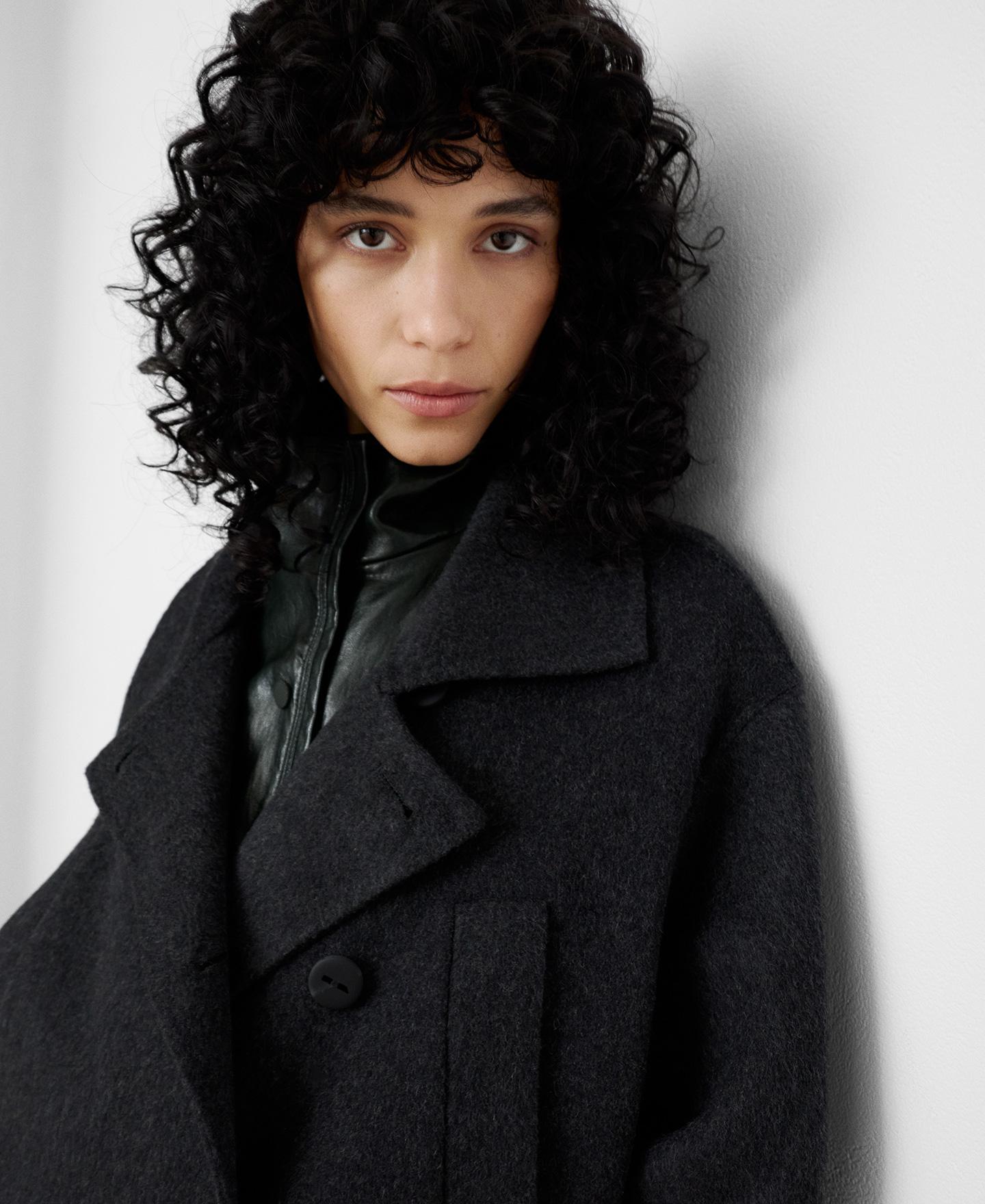 Abrigo largo de mujer cruzado con lana merino - Adolfo Dominguez - Gris oscuro Gris oscuro-4
