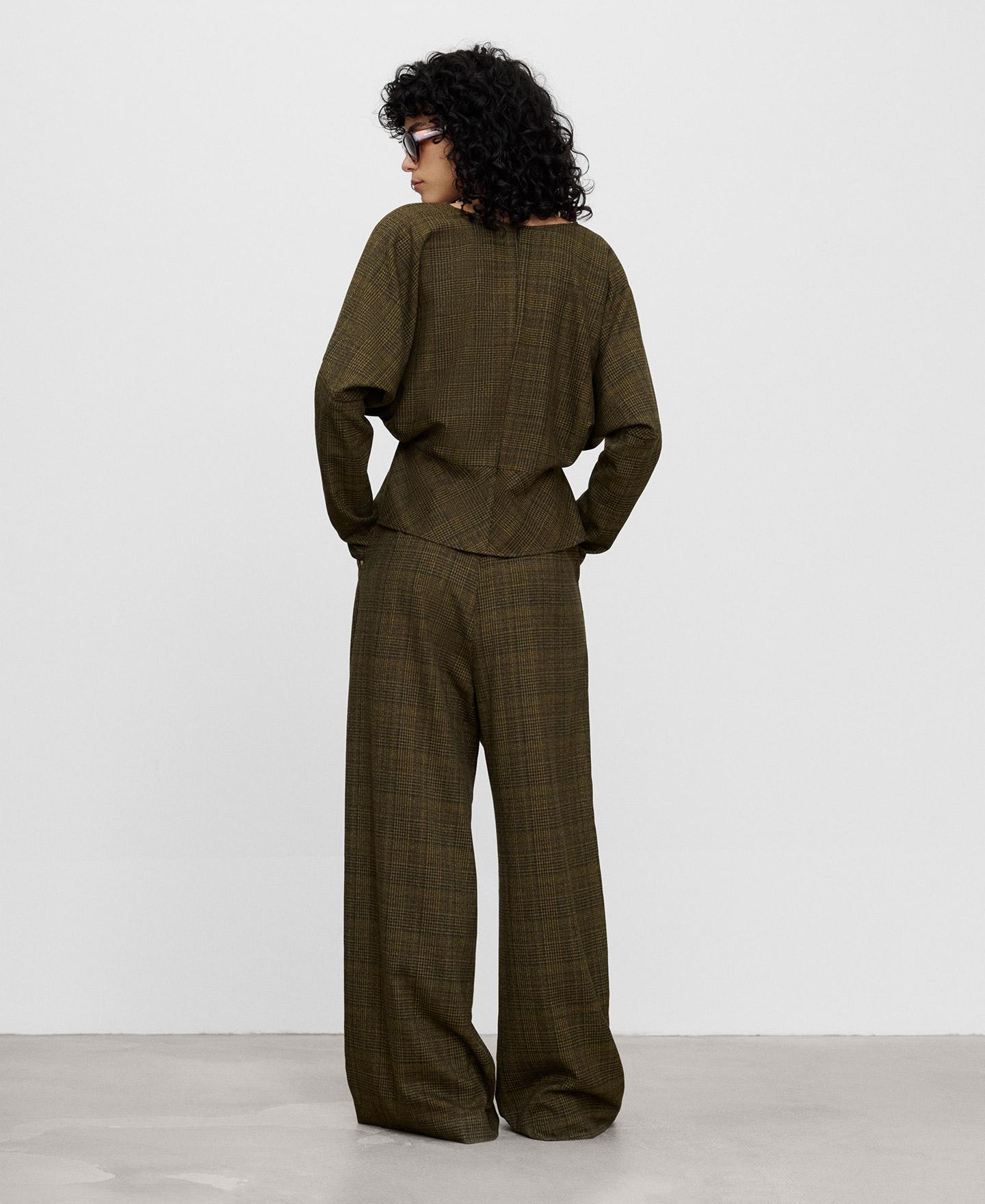 Imagen 3 de Pantalón ancho de mujer de doble pinza a cuadros - Adolfo Dominguez - Verde Verde
