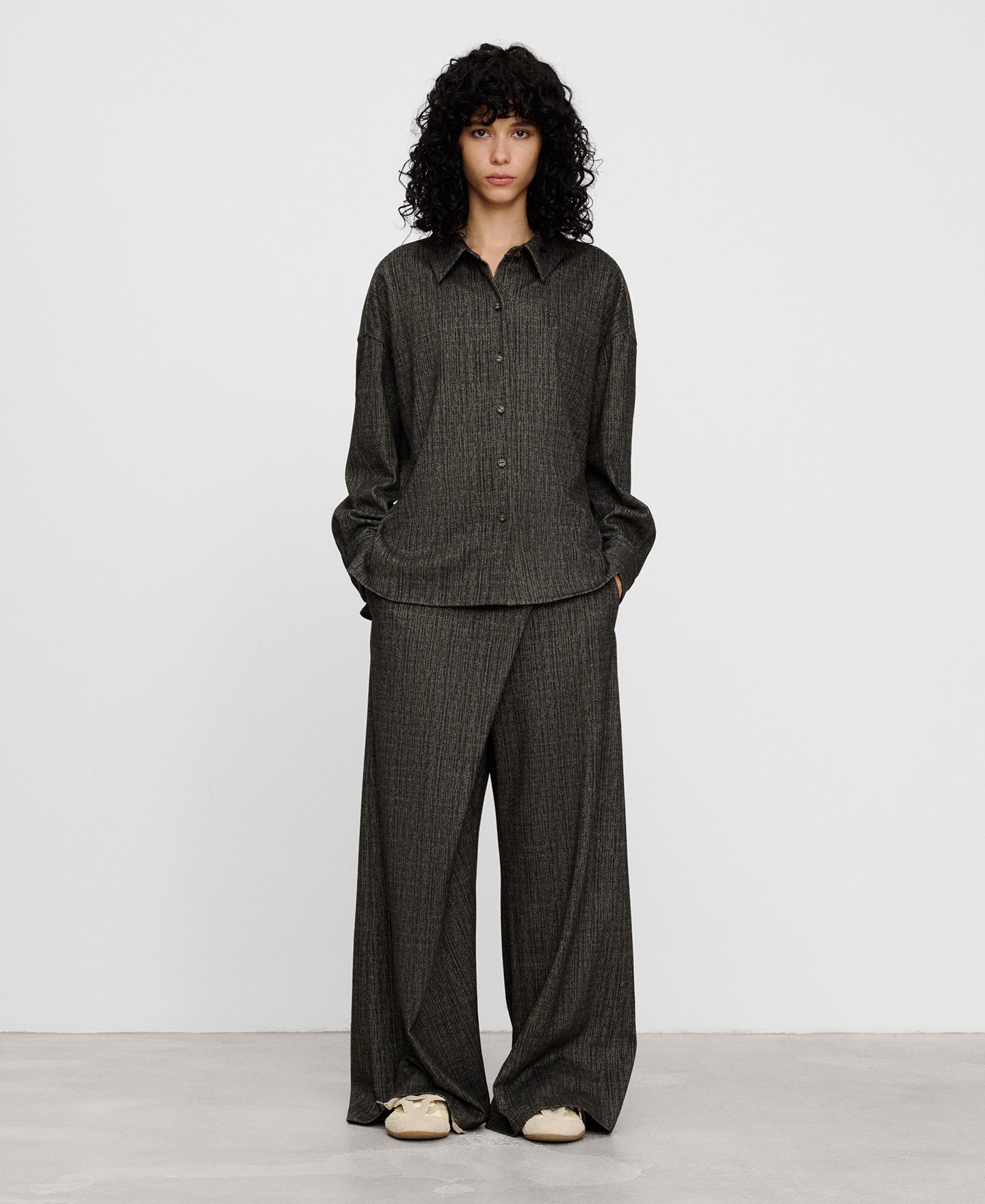 Camisa recta de mujer jaspeada de manga larga - Adolfo Dominguez - Negro Negro-2