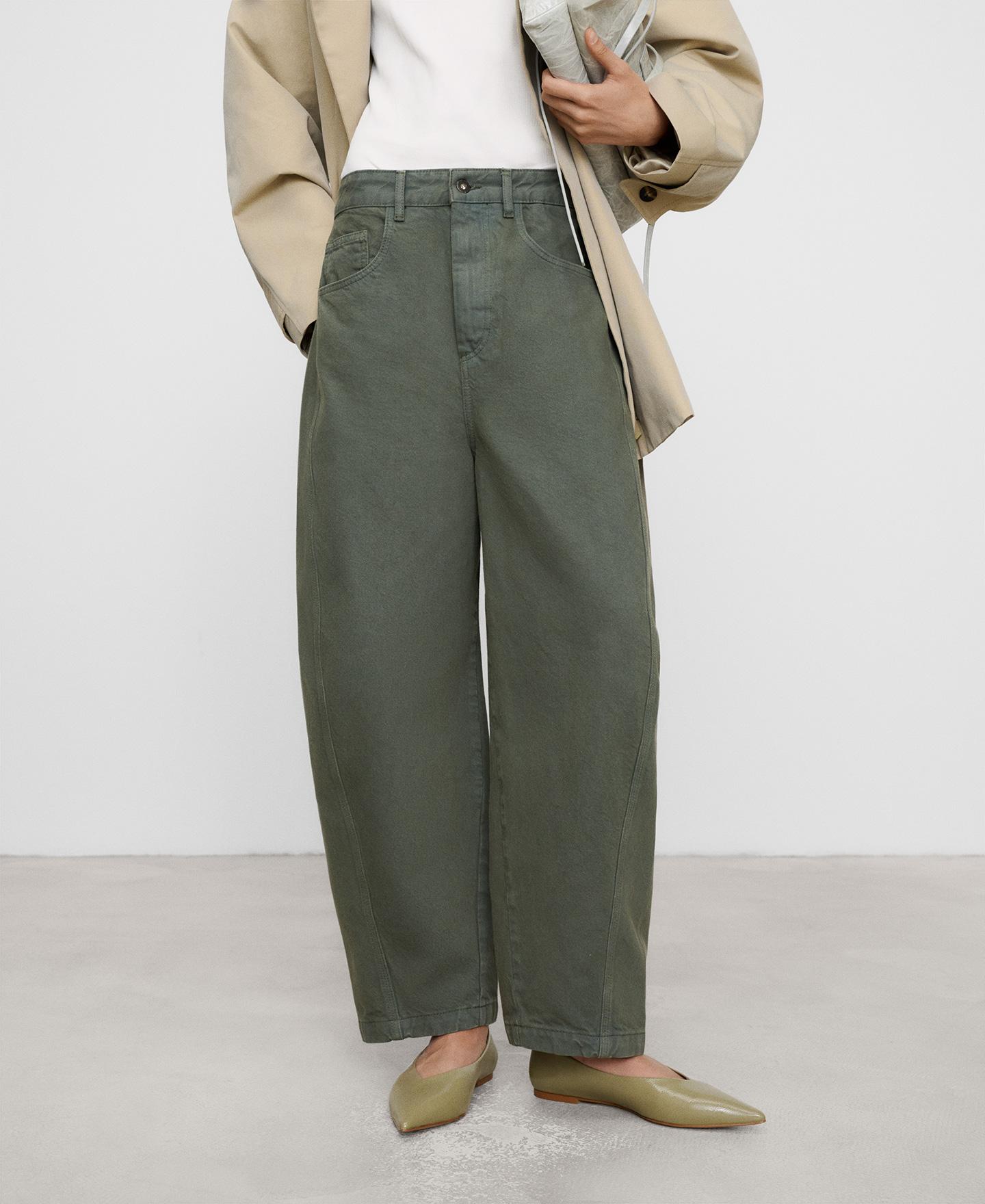 Imagen 1 de Pantalón ancho de mujer tipo barrel fit en denim de algodón - Adolfo Dominguez - Verde grisáceo Verde grisáceo