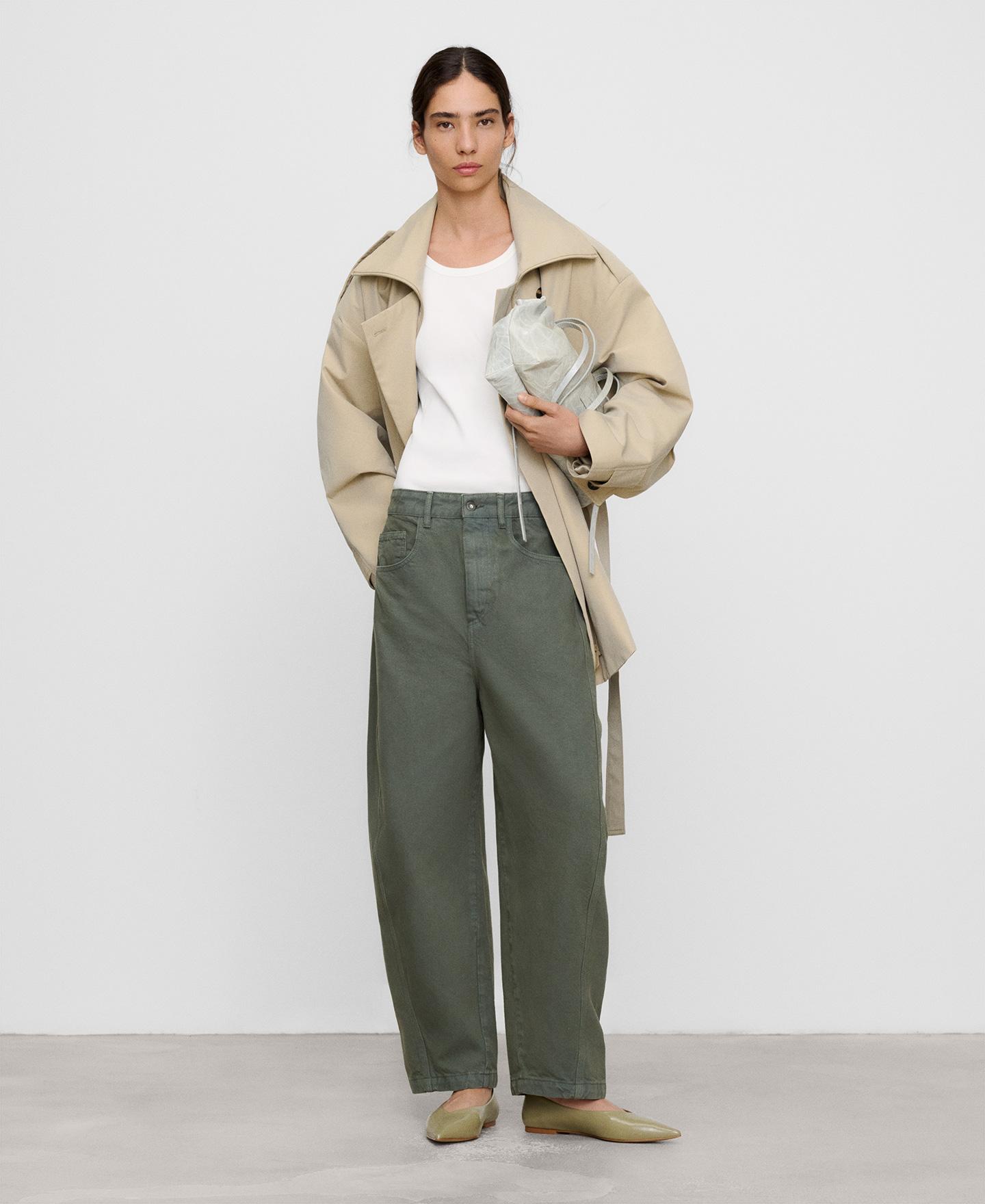 Imagen 2 de Pantalón ancho de mujer tipo barrel fit en denim de algodón - Adolfo Dominguez - Verde grisáceo Verde grisáceo