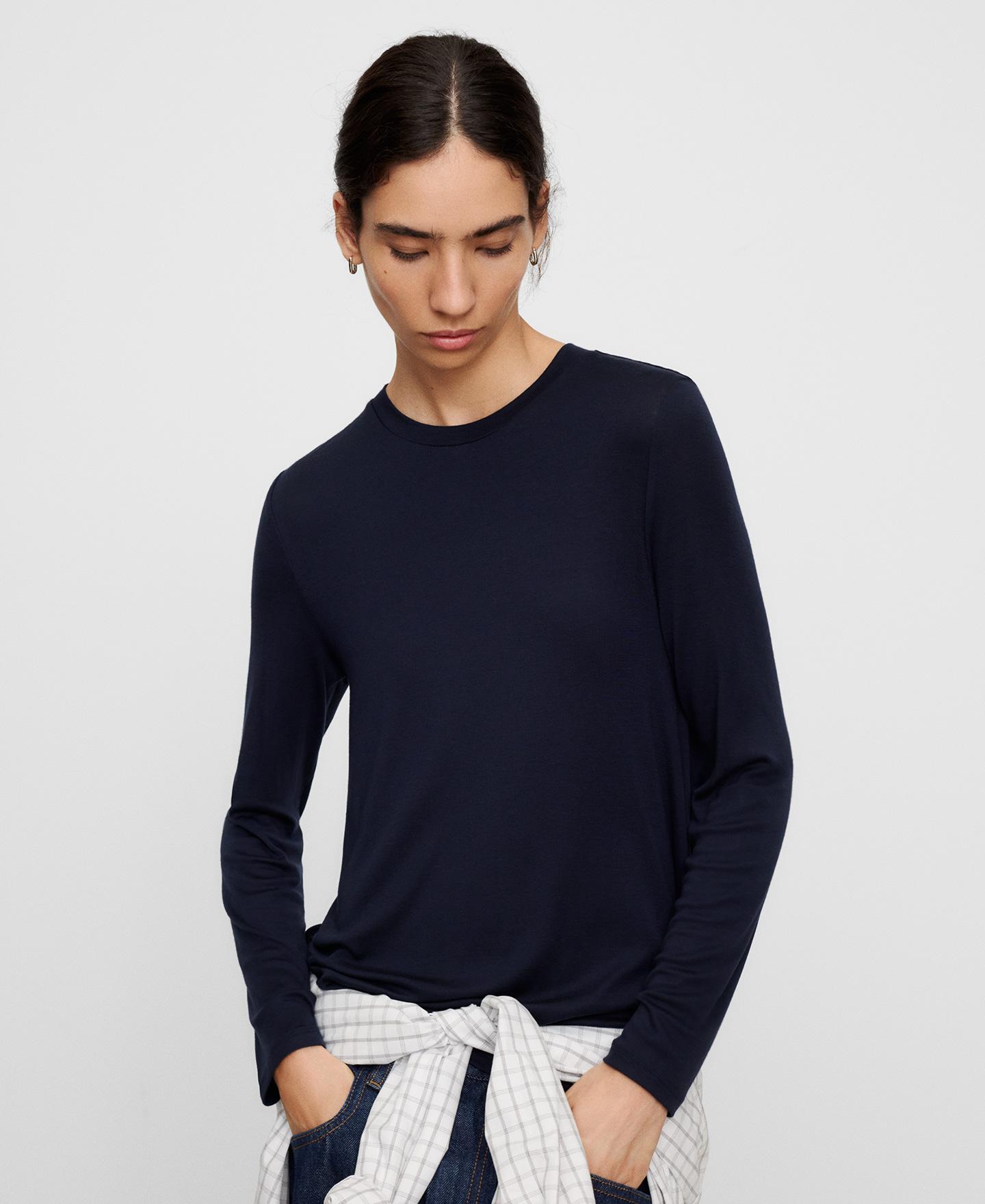 Camiseta de manga larga de mujer evasé con cuello redondo - Adolfo Dominguez - Azul marino Azul marino-1