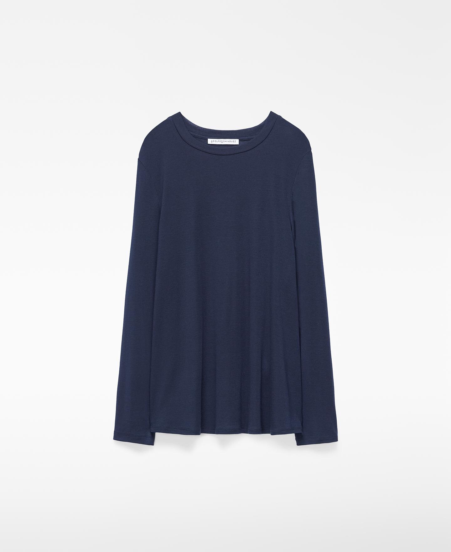 Camiseta de manga larga de mujer evasé con cuello redondo - Adolfo Dominguez - Azul marino Azul marino-6