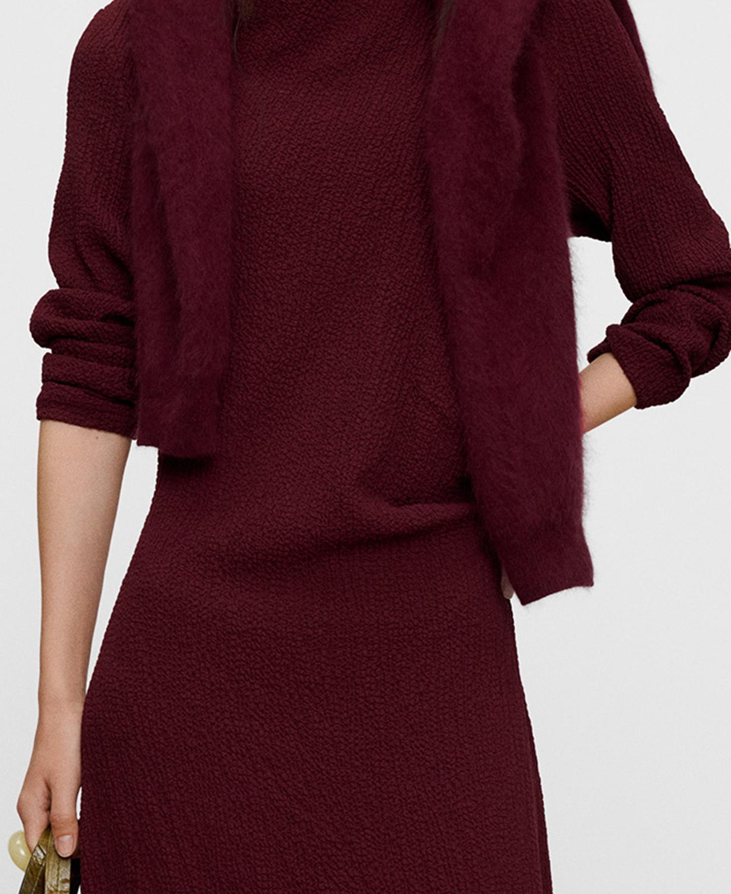 Vestido midi de manga larga con escote barco bouclé - Adolfo Dominguez - Burdeos Burdeos-4
