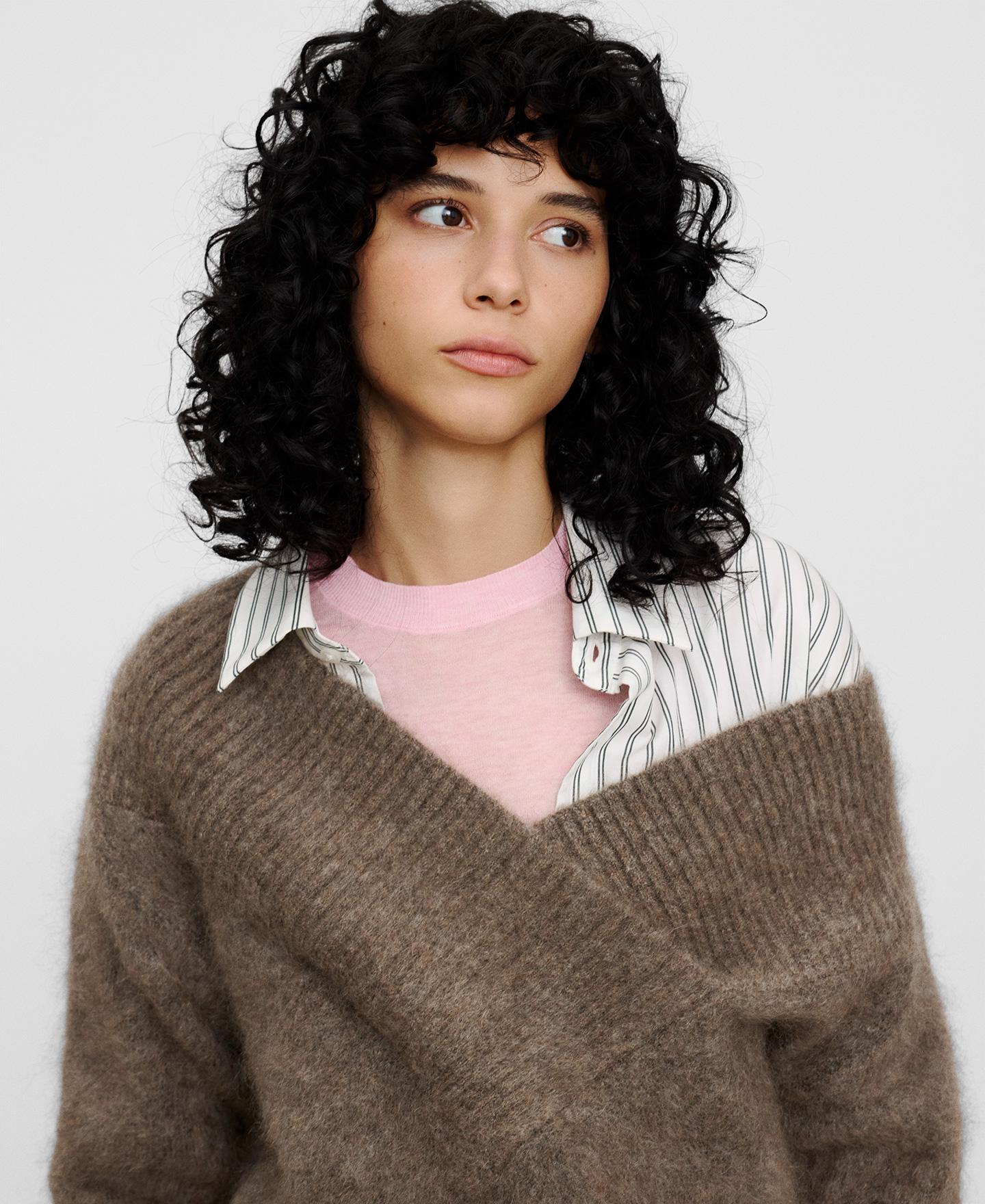 Jersey de mujer de cuello pico amplio con mohair - Adolfo Dominguez - Marrón Marrón-6