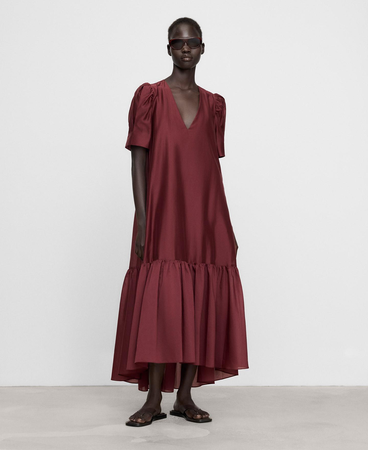 Vestido largo con manga abullonada y bajo con volante - Adolfo Dominguez - Granate Granate-2