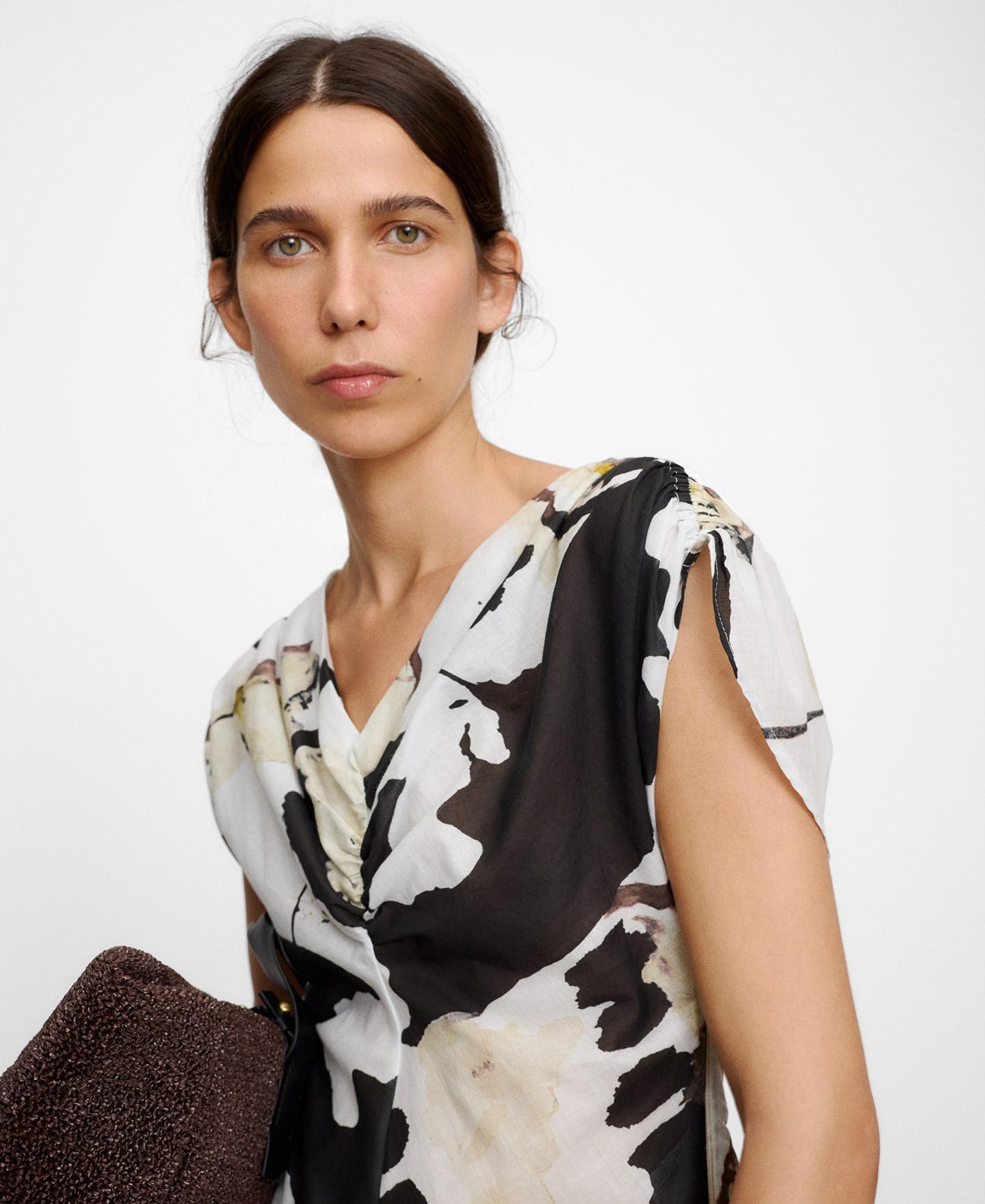 Top de mujer fruncido en algodón estampado - Adolfo Dominguez - Negro / Amarillo Negro / Amarillo-4