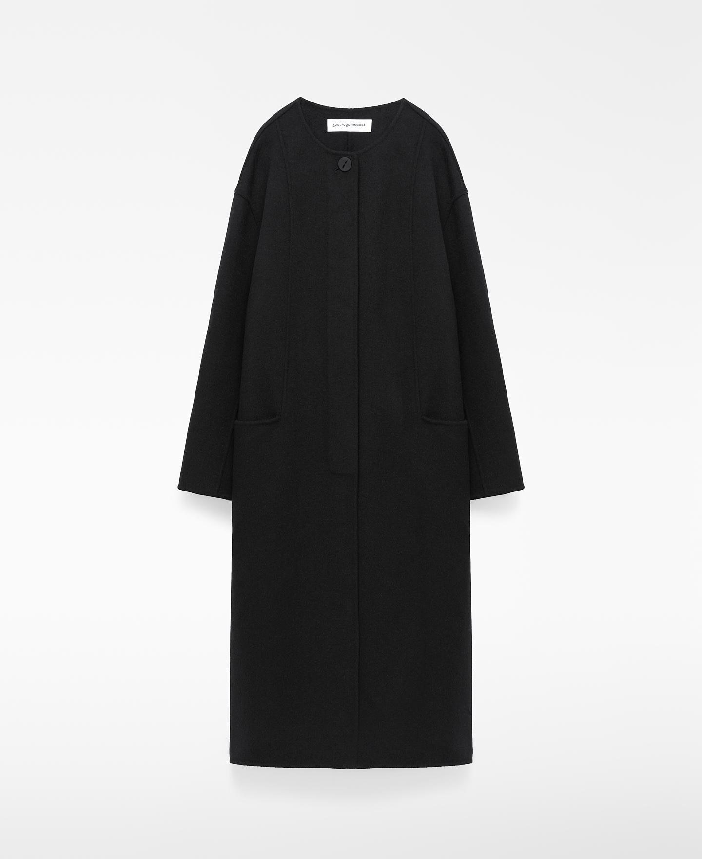 Imagen 1 de Abrigo largo de mujer con lana merino y cuello redondo Negro