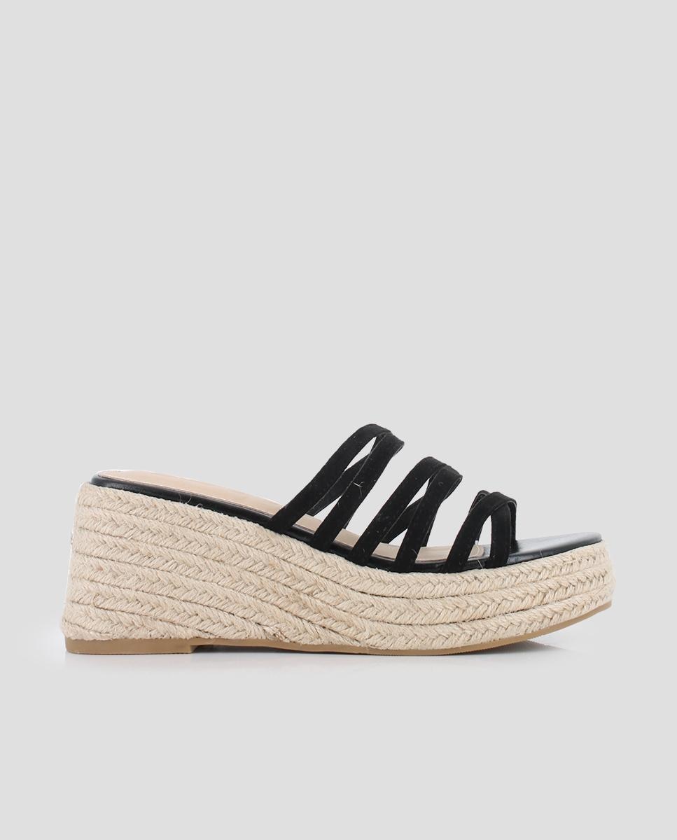 Sandalias de cuña de mujer forradas en esparto con tiras - Blogger - Negro Negro-1