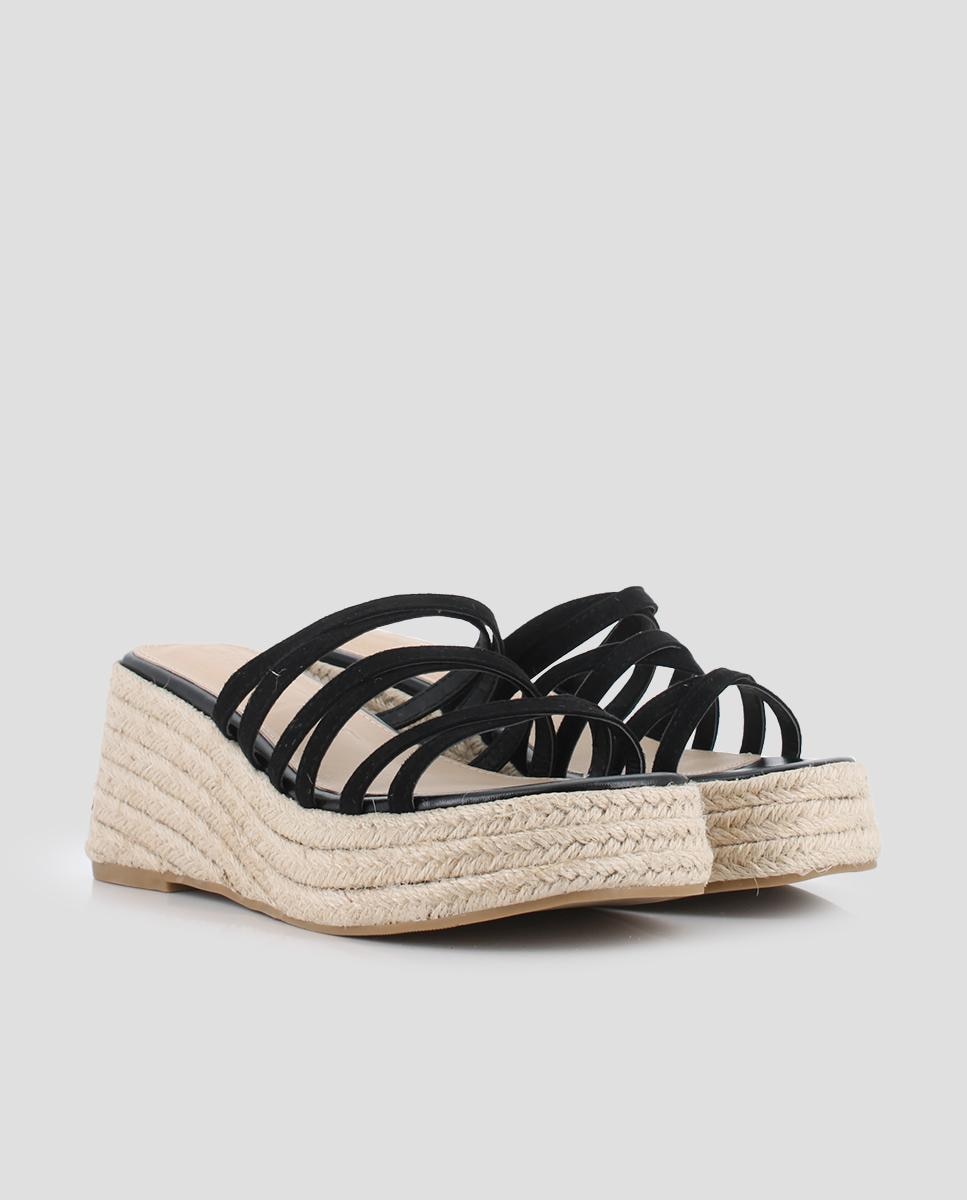 Sandalias de cuña de mujer forradas en esparto con tiras - Blogger - Negro Negro-3
