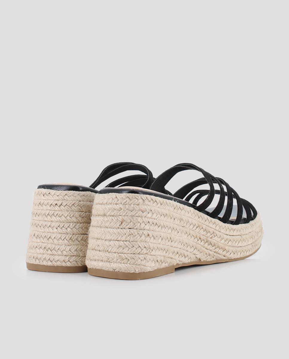 Sandalias de cuña de mujer forradas en esparto con tiras - Blogger - Negro Negro-2