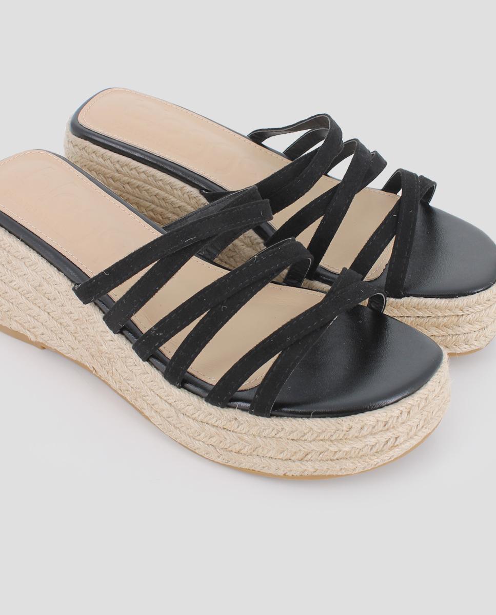 Sandalias de cuña de mujer forradas en esparto con tiras - Blogger - Negro Negro-4