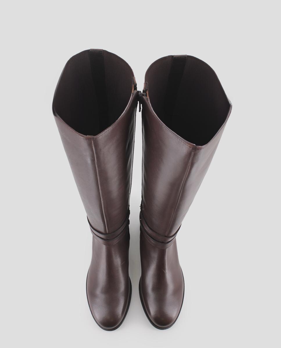 Botas de mujer de caña alta en piel con parte trasera elástica y tacón ancho - Blogger - Marrón Marrón-5