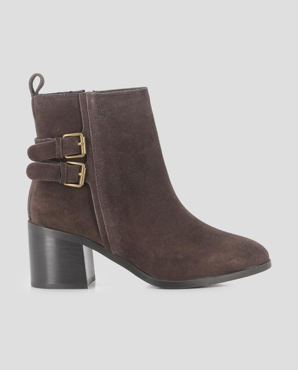 Blogger - Botines de mujer en piel serraje con hebillas en el lateral y tacón ancho.