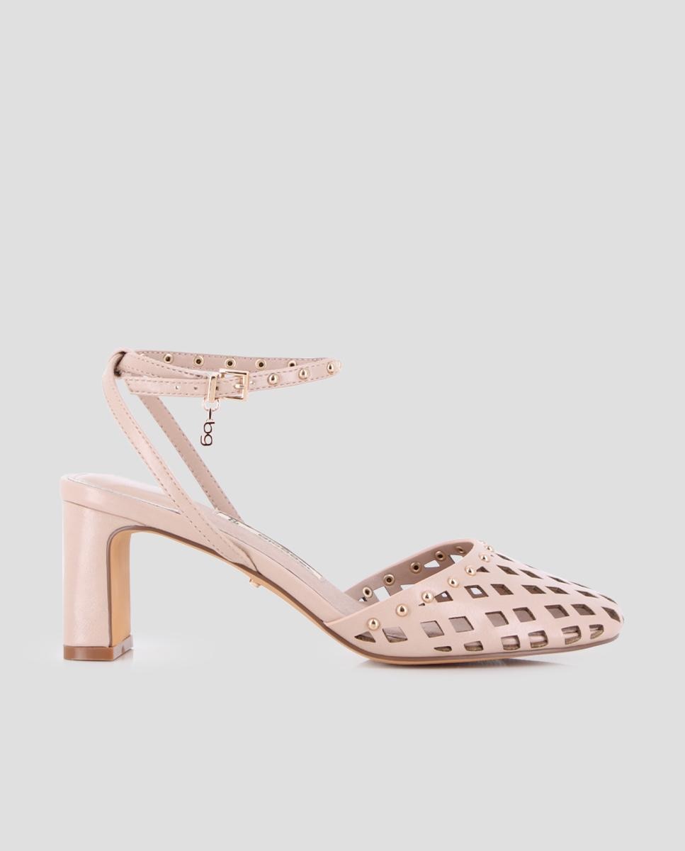 Blogger - Mules de tacón de mujer de red con hebilla en tobillo.