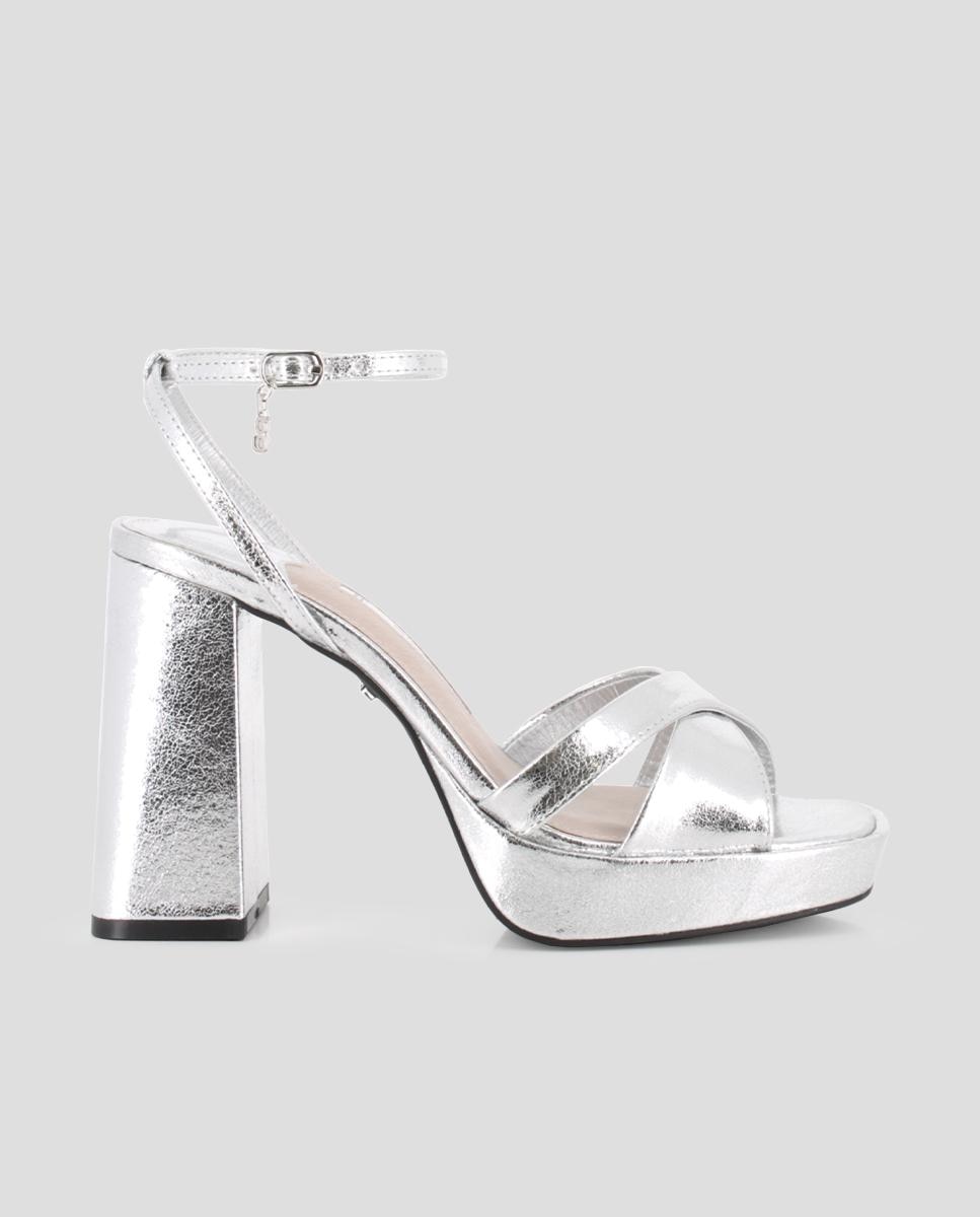 Imagen 0 de Sandalias de tacón de mujer de tiras cruzadas con hebilla Plata
