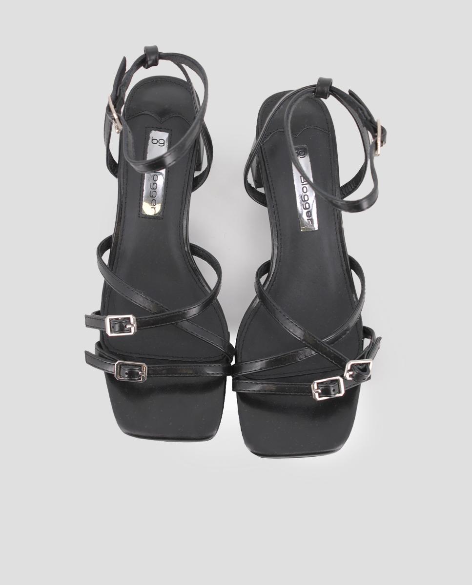 Sandalias de tiras de mujer de tacón con cierre de hebilla - Blogger - Negro Negro-5