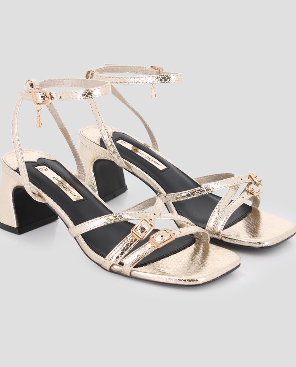 Sandalias de tiras de mujer de tacón con cierre de hebilla - Blogger - Oro Oro-4