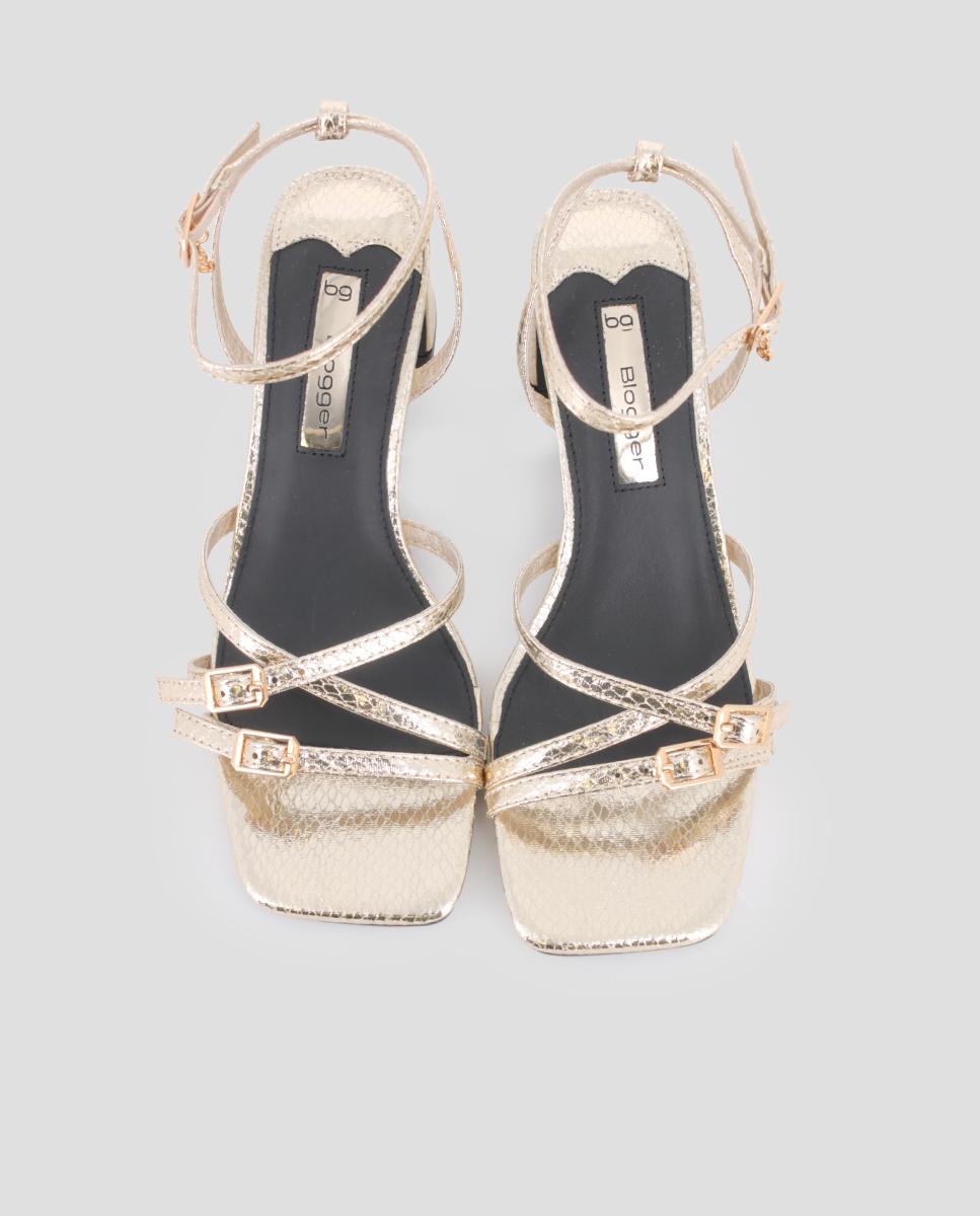 Sandalias de tiras de mujer de tacón con cierre de hebilla - Blogger - Oro Oro-5