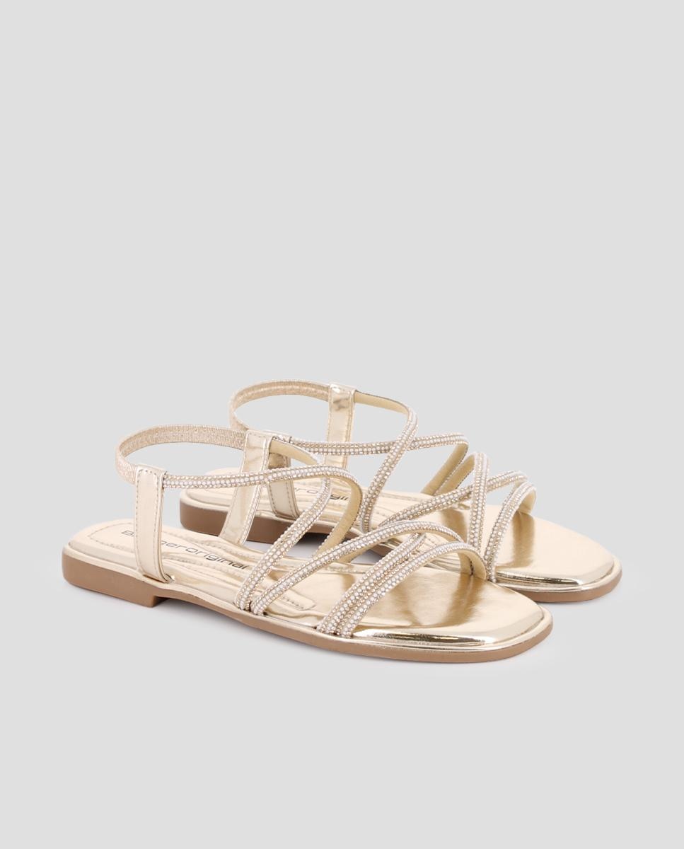 Sandalias de tira de mujer planas con adornos de pedrería - Blogger - Oro Oro-3
