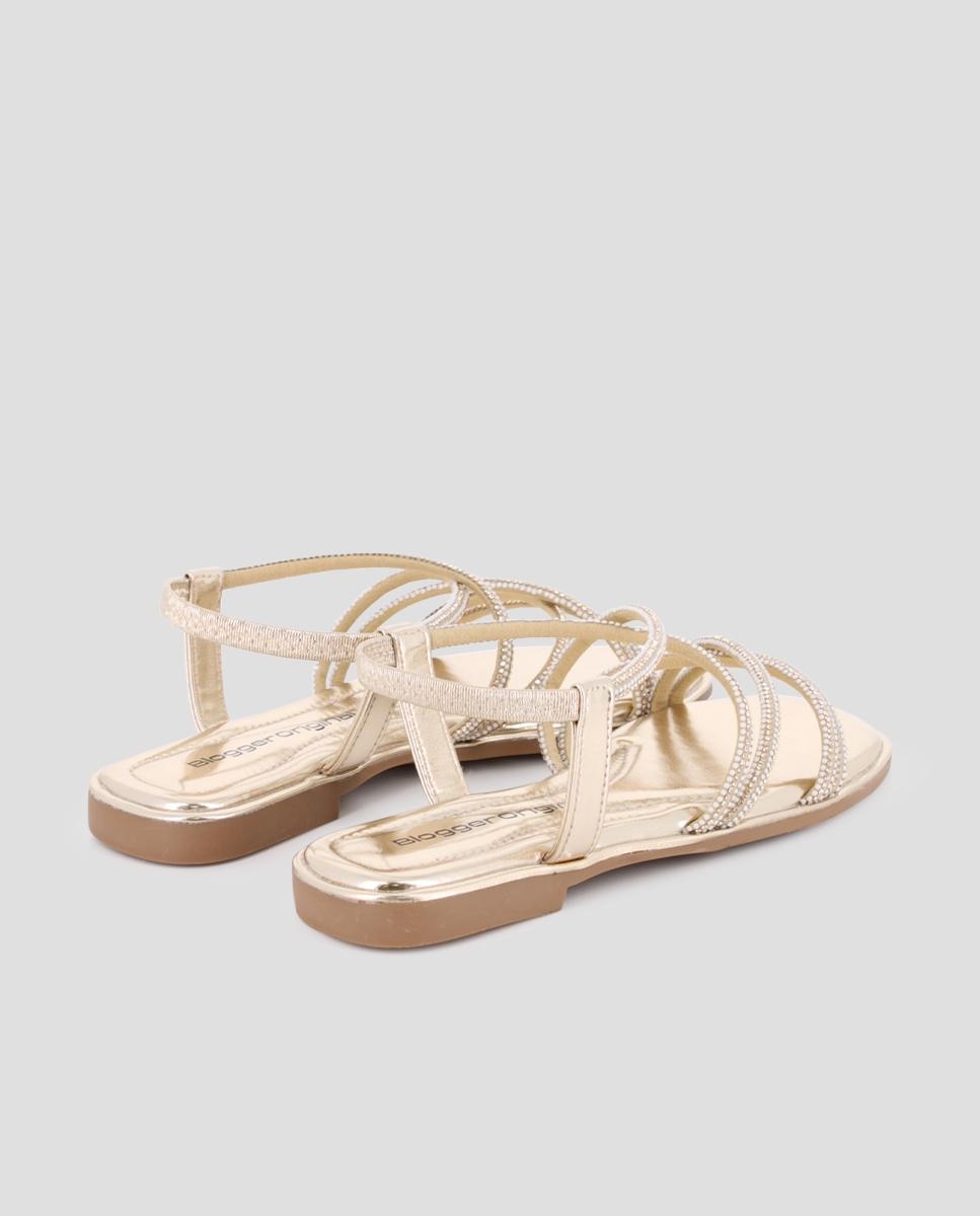 Sandalias de tira de mujer planas con adornos de pedrería - Blogger - Oro Oro-2