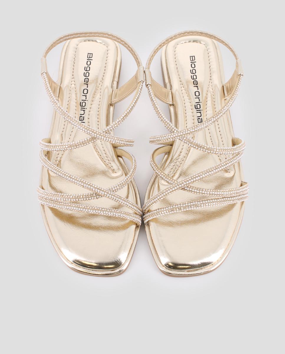 Sandalias de tira de mujer planas con adornos de pedrería - Blogger - Oro Oro-5