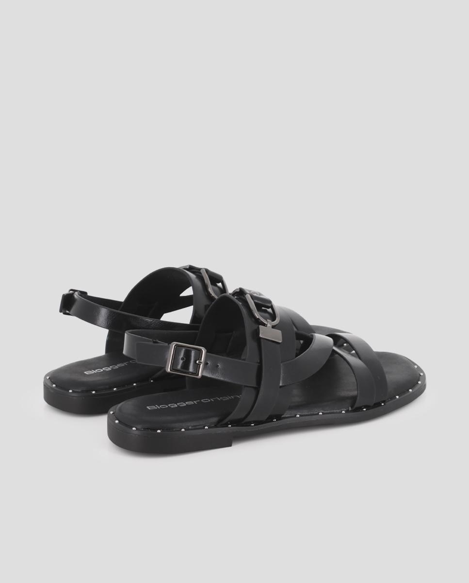 Sandalias de tira de mujer planas con herraje decorativo - Blogger - Negro Negro-2