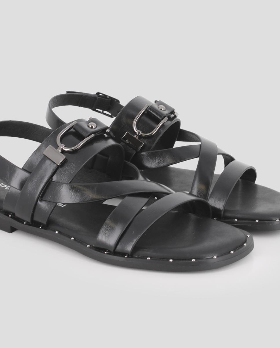 Sandalias de tira de mujer planas con herraje decorativo - Blogger - Negro Negro-4