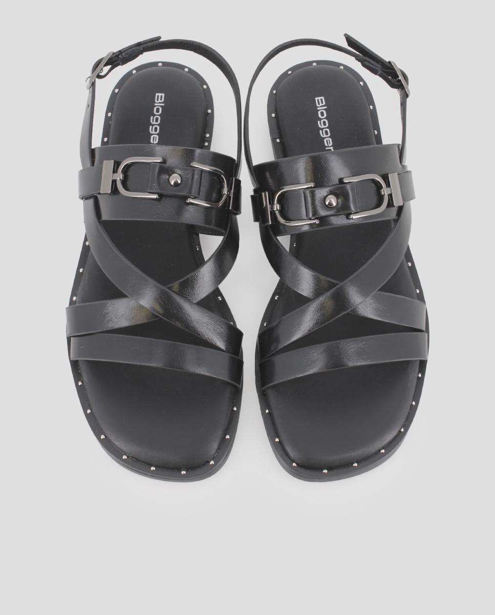 Sandalias de tira de mujer planas con herraje decorativo - Blogger - Negro Negro-5