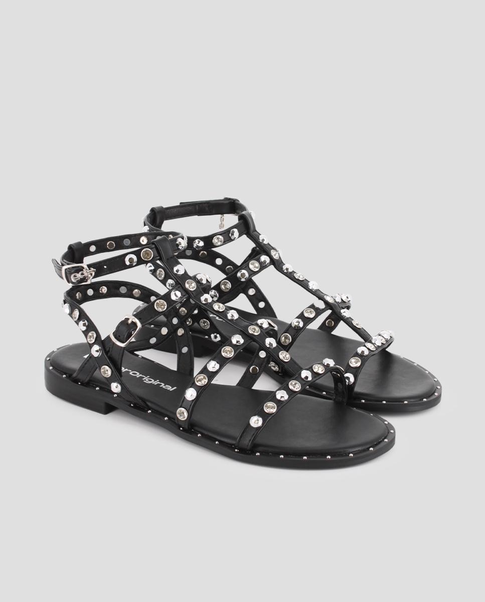 Sandalias romanas de mujer planas con tachuelas - Blogger - Negro Negro-3