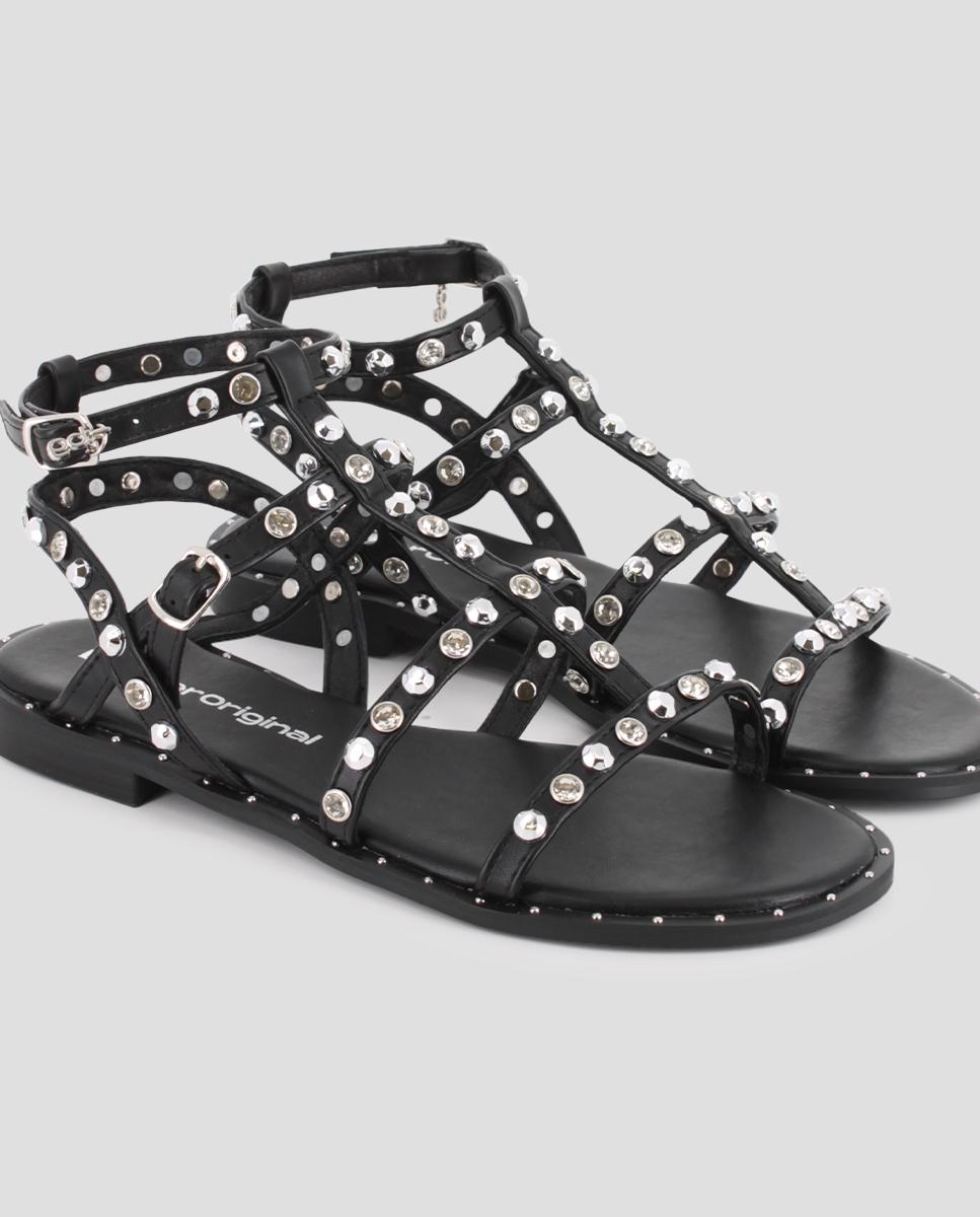 Sandalias romanas de mujer planas con tachuelas - Blogger - Negro Negro-4