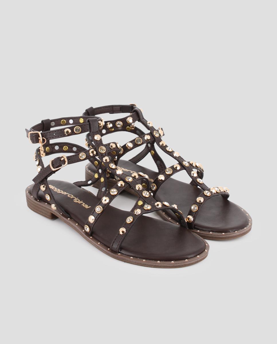 Sandalias romanas de mujer planas con tachuelas - Blogger - Marrón Marrón-3