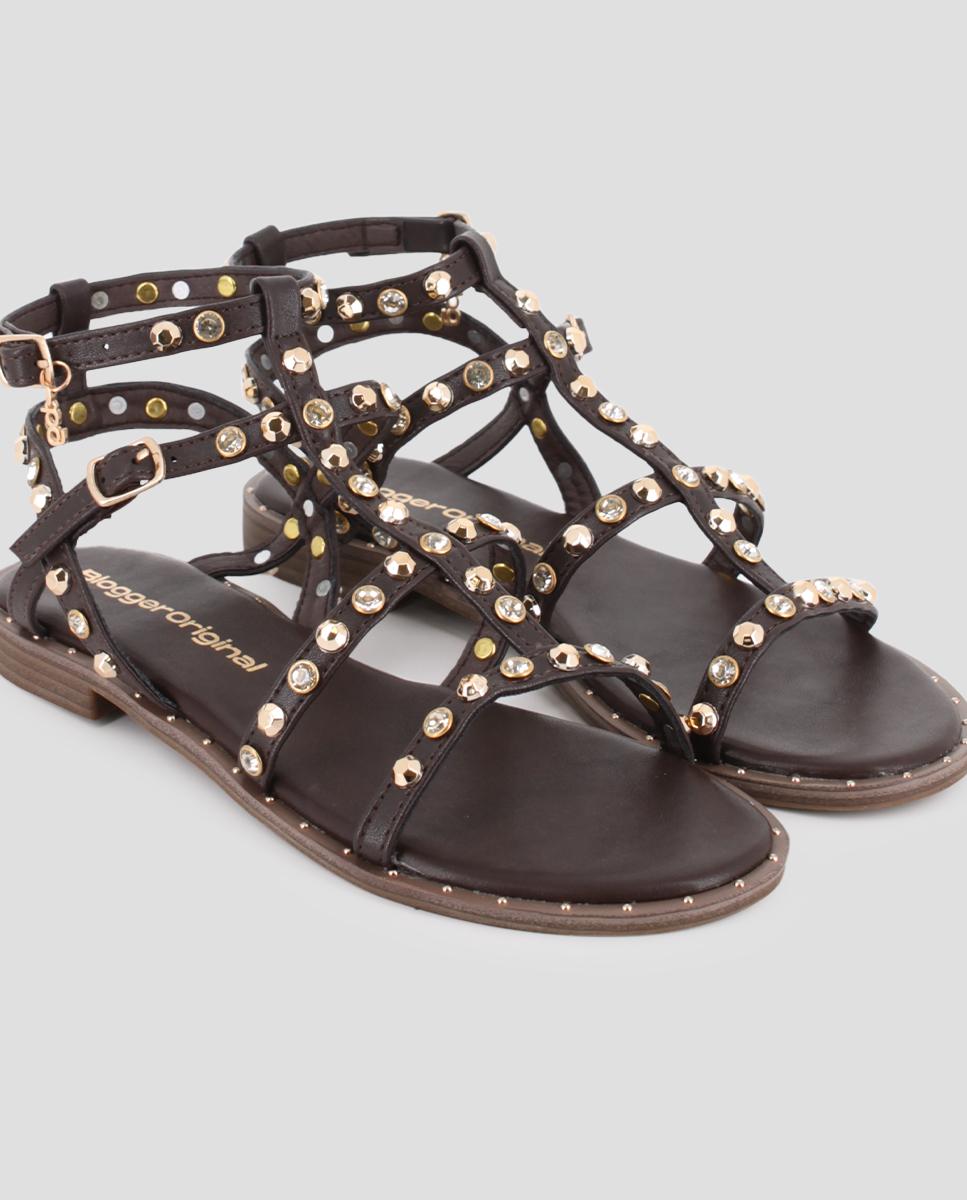 Sandalias romanas de mujer planas con tachuelas - Blogger - Marrón Marrón-4