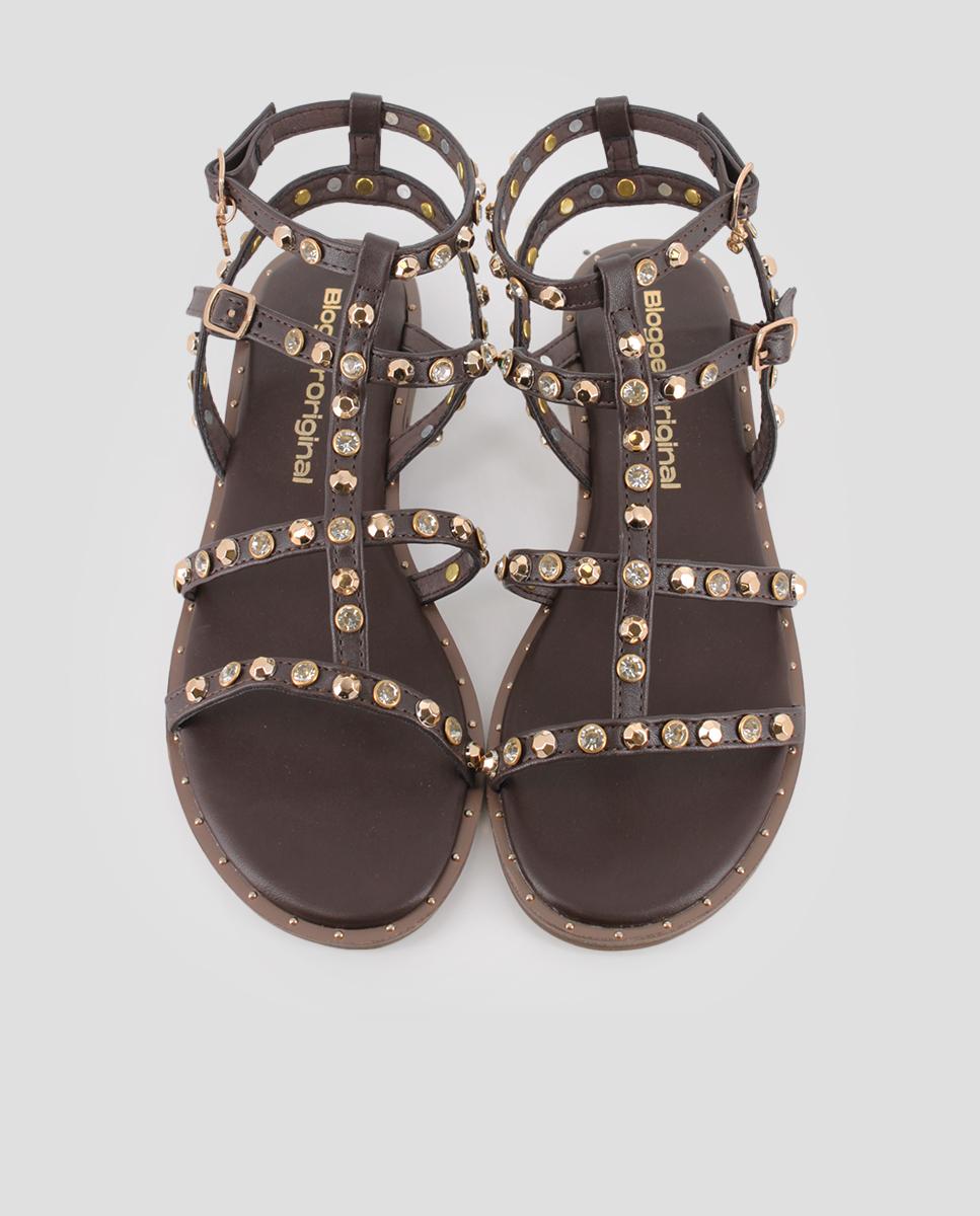 Sandalias romanas de mujer planas con tachuelas - Blogger - Marrón Marrón-5