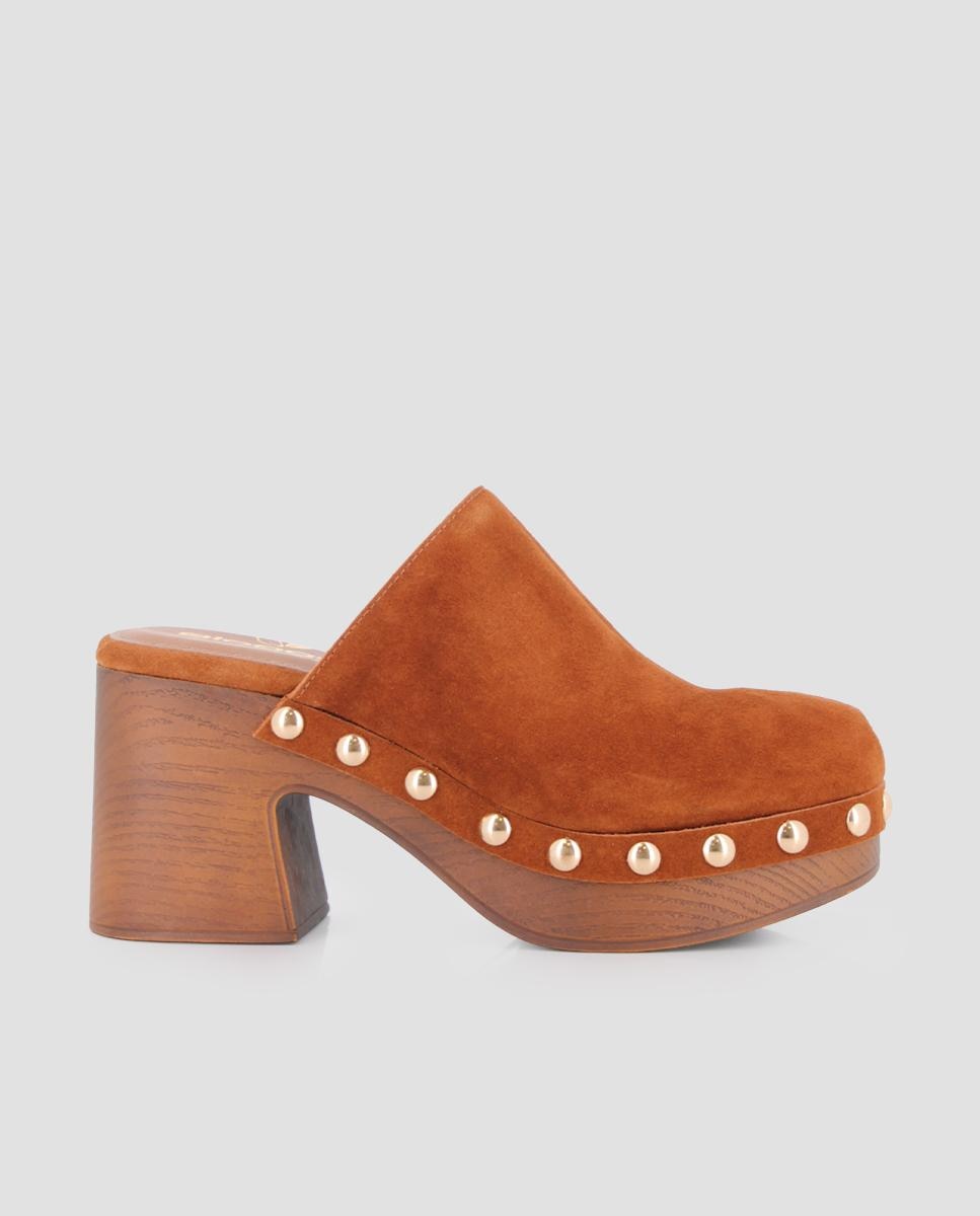 Zuecos de tacón de mujer de piel punta cerrada