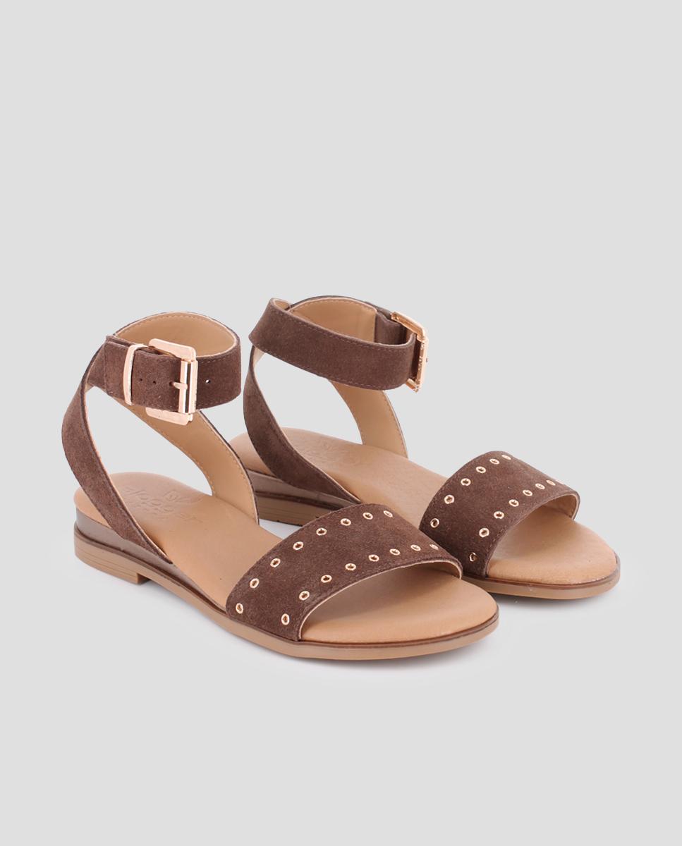 Sandalias de pala de mujer planas de piel - Blogger - Marrón Marrón-3