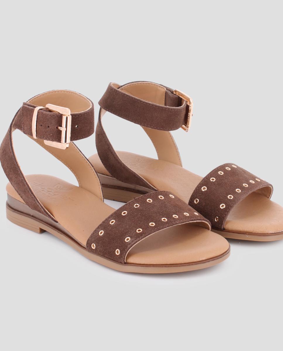 Sandalias de pala de mujer planas de piel - Blogger - Marrón Marrón-4