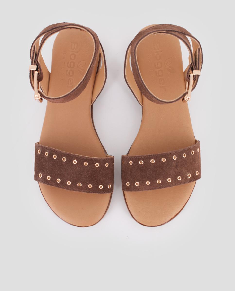 Sandalias de pala de mujer planas de piel - Blogger - Marrón Marrón-5