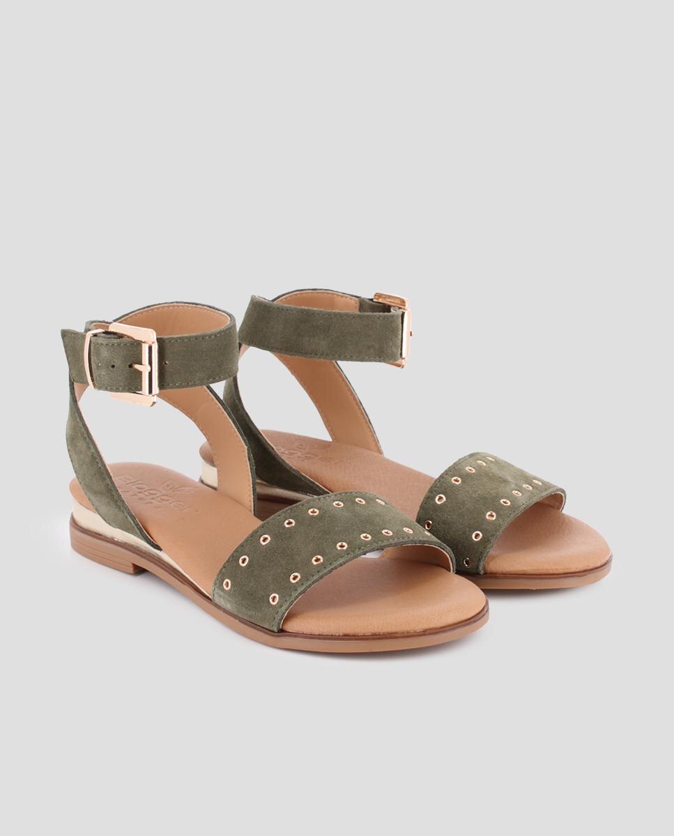 Sandalias de pala de mujer planas de piel - Blogger - Verde Oliva Verde Oliva-3