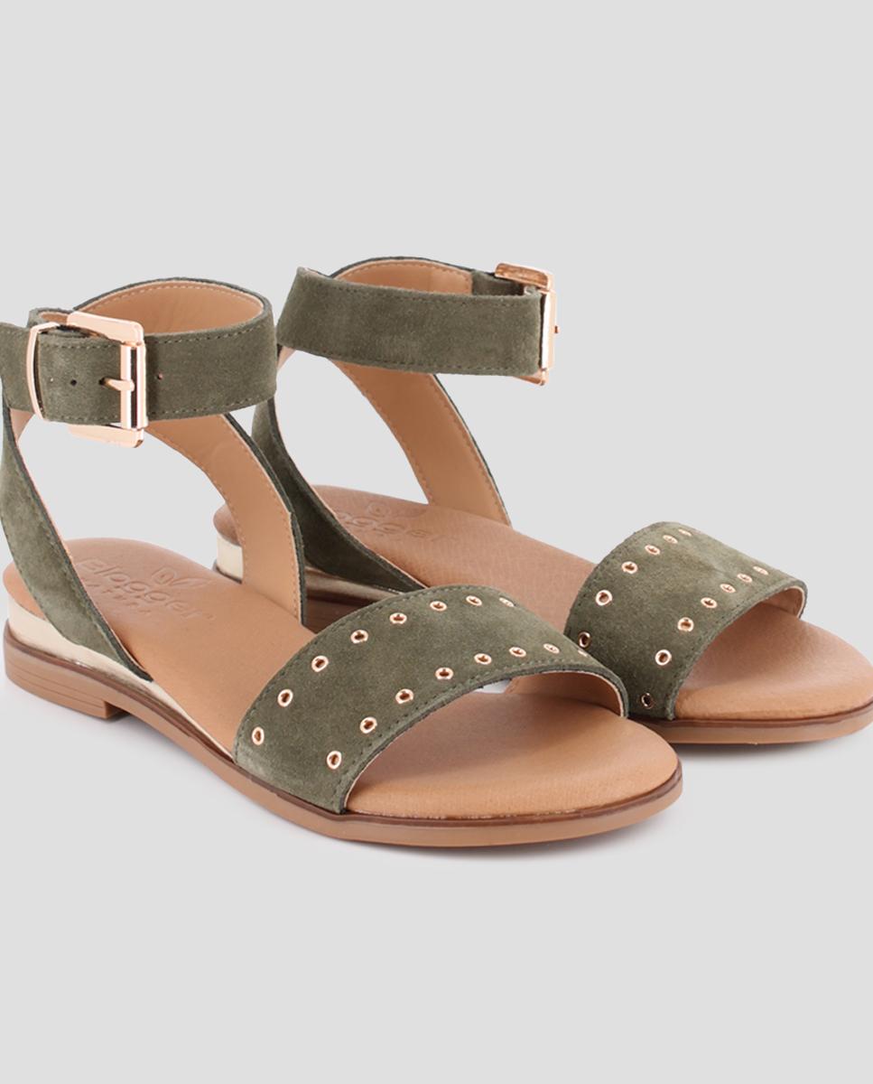 Sandalias de pala de mujer planas de piel - Blogger - Verde Oliva Verde Oliva-4