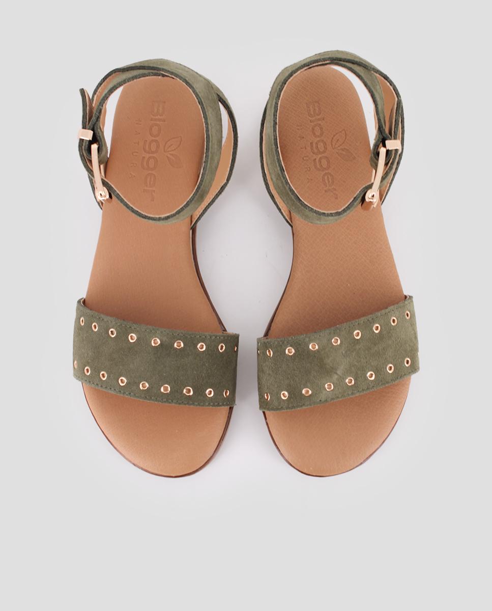 Sandalias de pala de mujer planas de piel - Blogger - Verde Oliva Verde Oliva-5