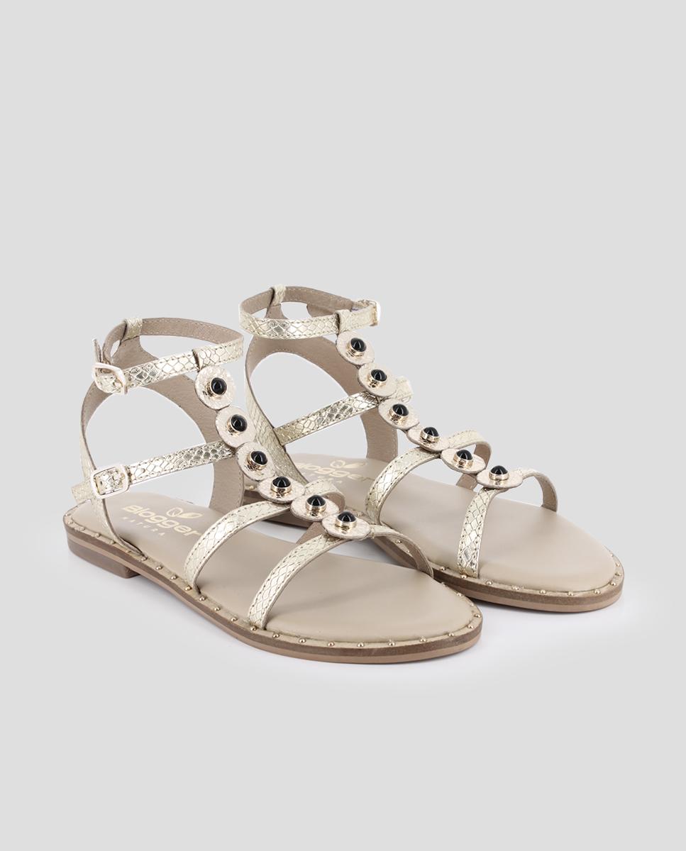 Sandalias romanas de mujer de piel con herrajes - Blogger - Oro Oro-3