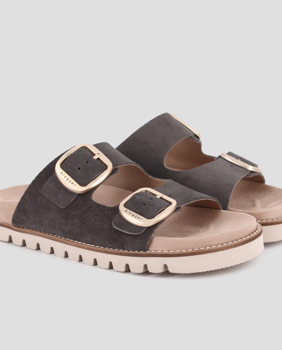 Sandalias de tiras de mujer con hebillas ajustables de piel - Blogger - Gris Gris-4