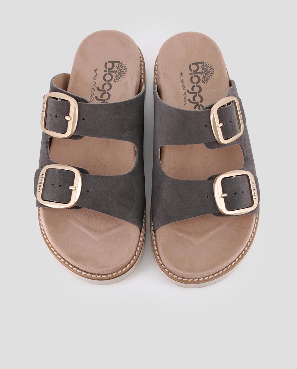 Sandalias de tiras de mujer con hebillas ajustables de piel - Blogger - Gris Gris-5