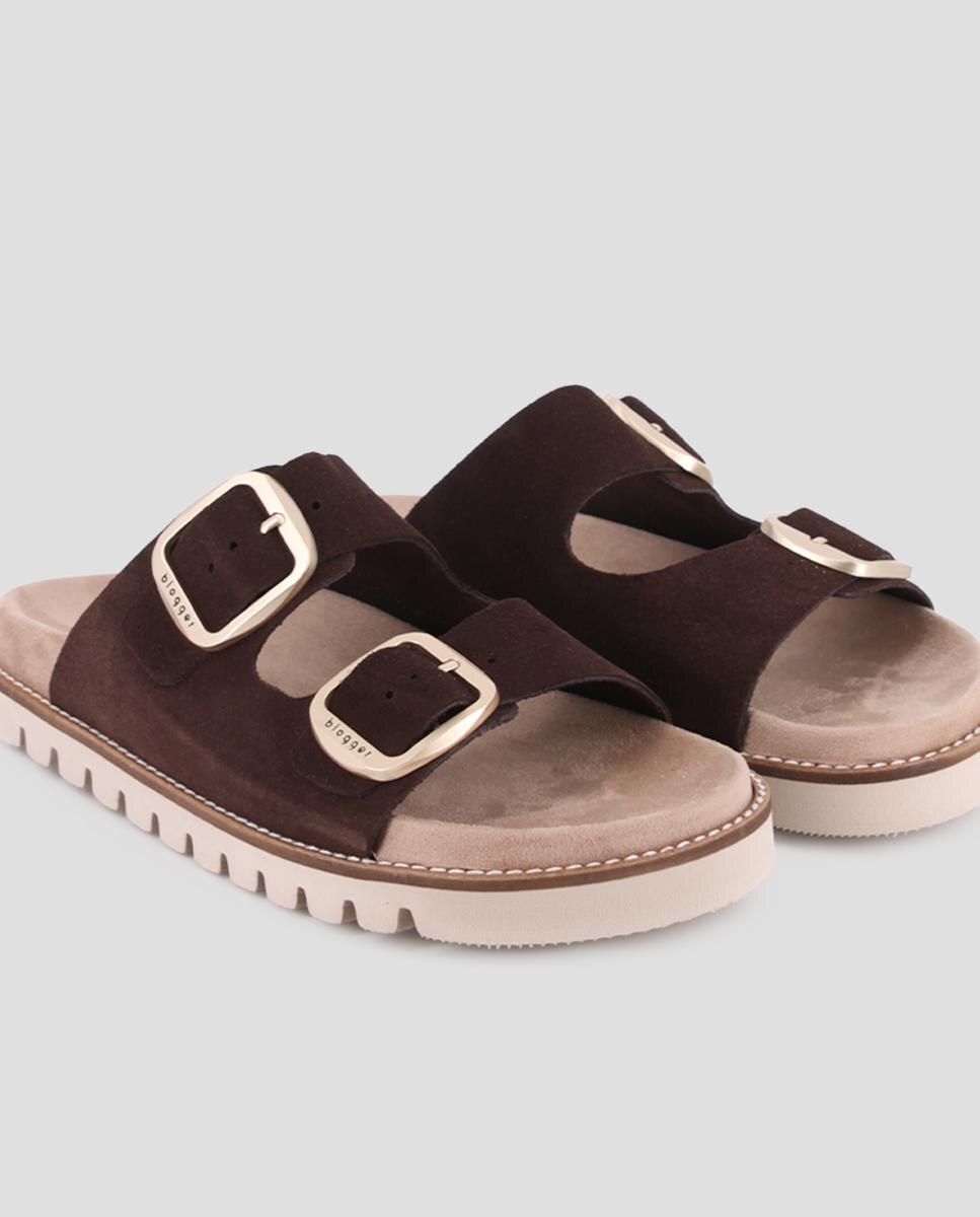 Sandalias de tiras de mujer con hebillas ajustables de piel - Blogger - Marrón Marrón-4