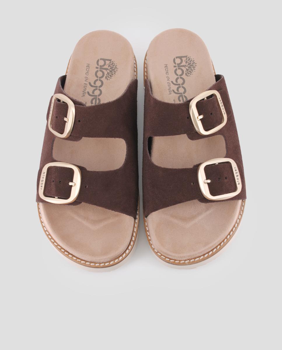 Sandalias de tiras de mujer con hebillas ajustables de piel - Blogger - Marrón Marrón-5