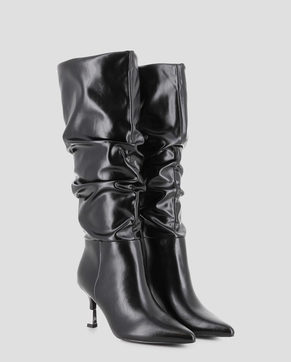 Botas clásicas de mujer azul 02 de caña alta arrugada con tacón - Blogger - Negro Negro-4