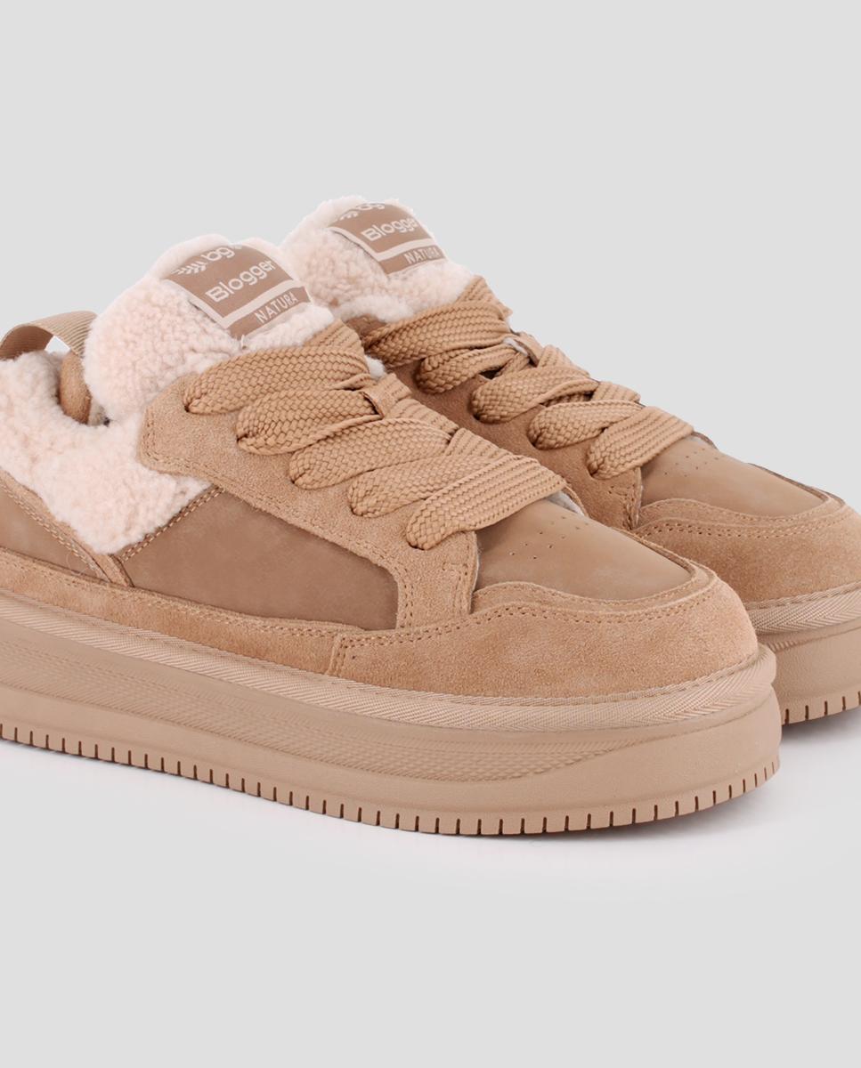 Zapatillas de mujer teddy de piel de serraje con plataforma - Blogger - Marrón Marrón-4