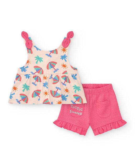 Imagen 0 de Conjunto de bebé niña con blusa estampada y short con volantes