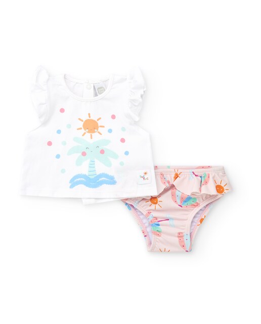 Imagen 0 de Conjunto de baño de bebé niña de camiseta blanca con palmera y braguita rosa con volantes